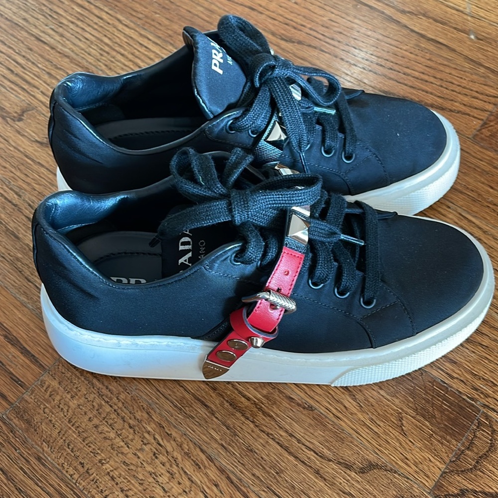 Prada Black and Red Studded Sneakers - Picture 2 of 7